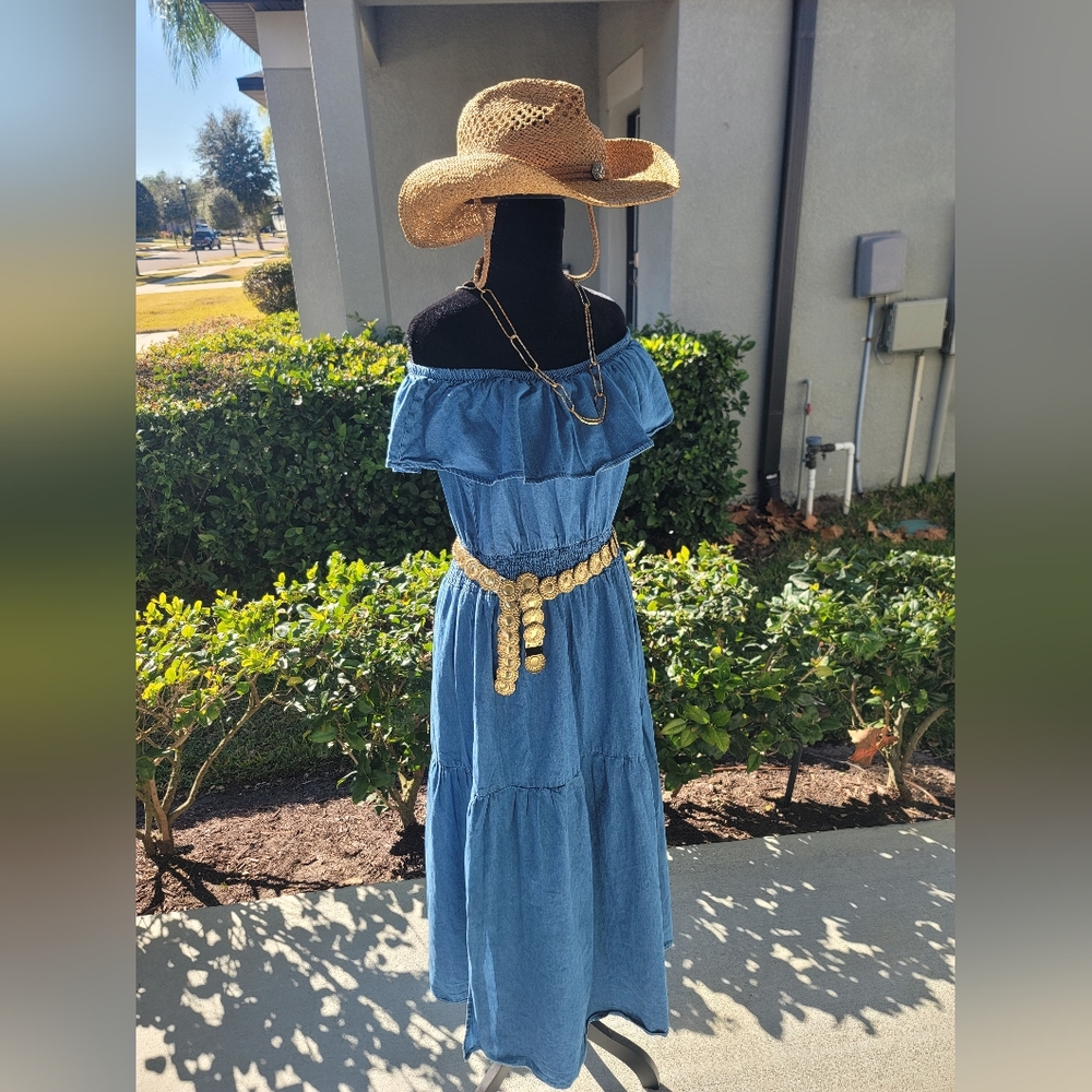 Off-Shoulder Blue Denim DressDenim Off-Shoulder Midi Dress | Side Slits | Boho L